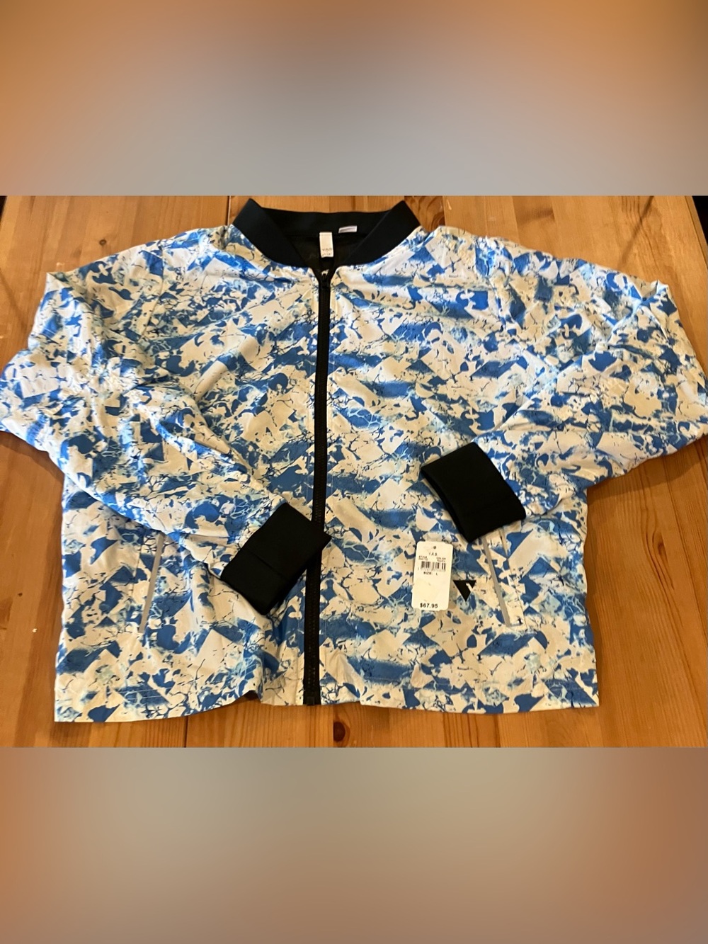 NEW Y.A.S Sport Yasstrike Blue & Cream Marble Print Bomber Jacket Size Large